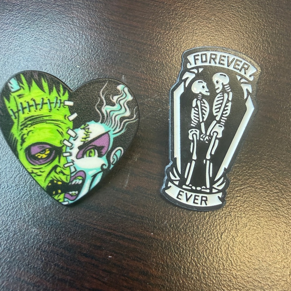 Gothic Heart & 'Forever Ever' Skeleton Enamel Pins - Black, Green, Purple